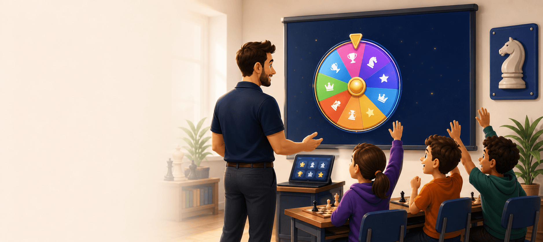 Chess coach using a reward wheel with students
